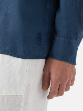 Polo Raphael a maniche lunghe in lino blu navy