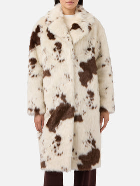 Rouge faux-fur coat with cow print