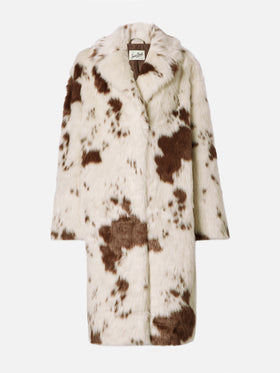 Rouge faux-fur coat with cow print