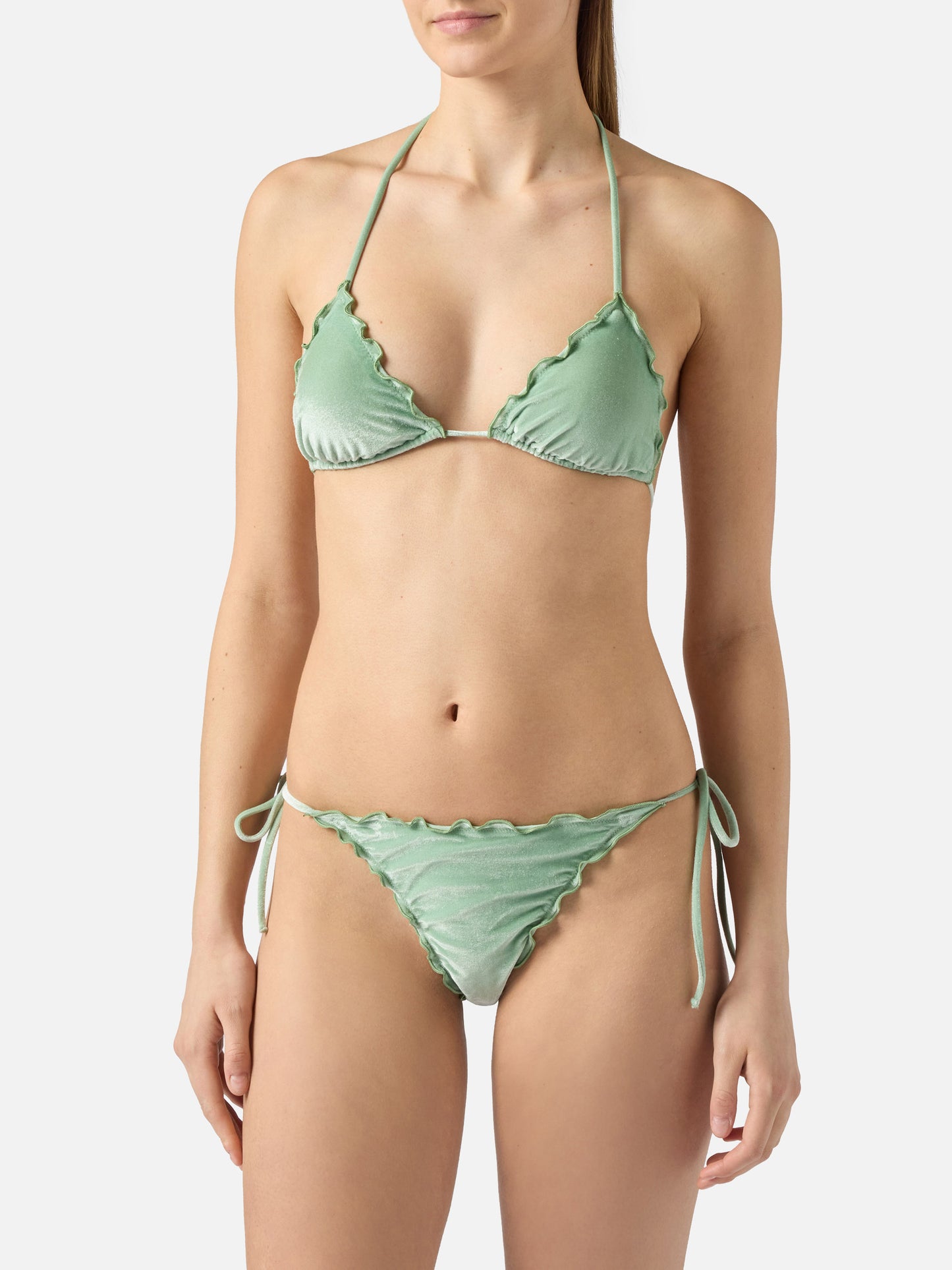 Bikini Sagittarius Miami in velluto argento e verde salvia
