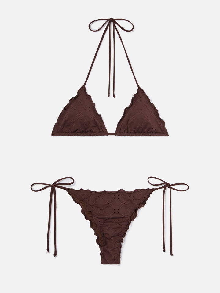 Bikini Sagittarius Miami in tessuto sangallo marrone