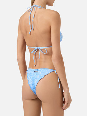 Bikini Sagitami triangle in light blue with all-over micro tropical print