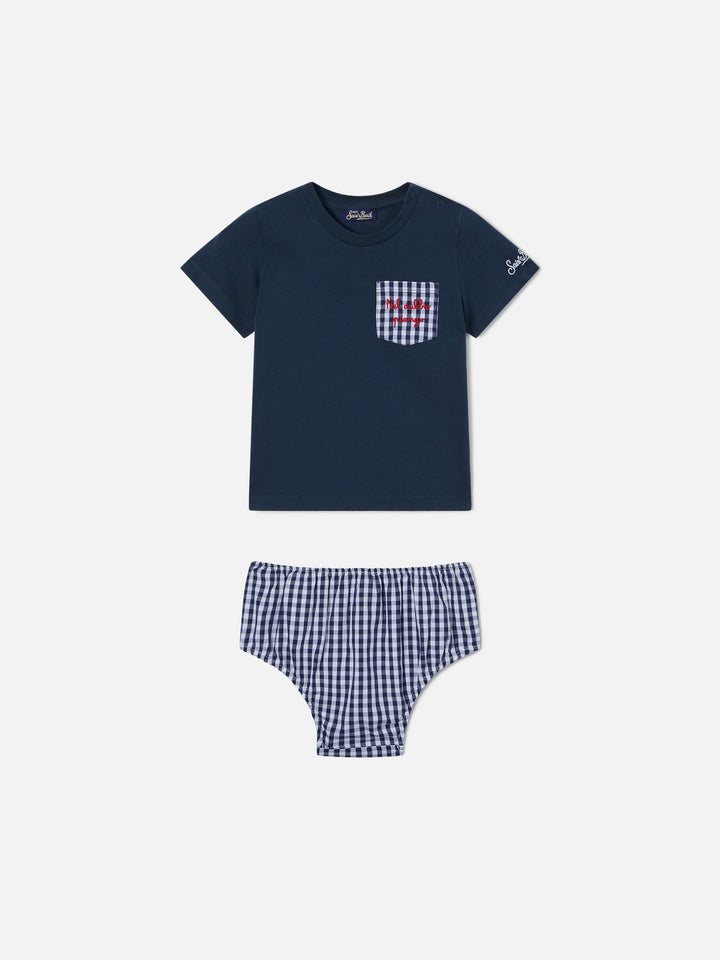 Set Samy t-shirt con taschino con ricamo e copri pannolino in vichy