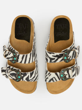 Buckle sandal in zebra-print pony hair | TAJI SPECIAL EDITION