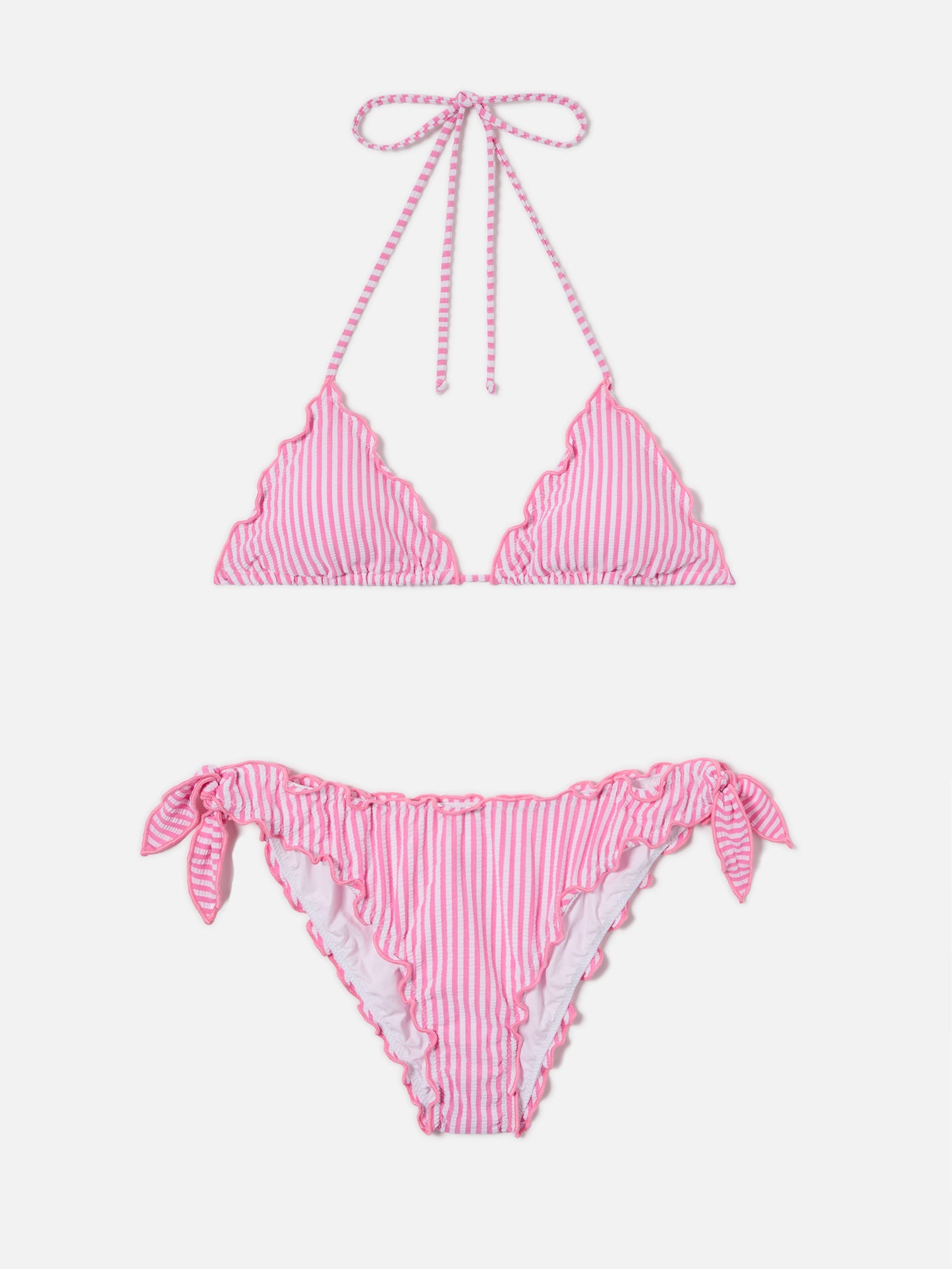 Bikini Sarius triangle in white and pink striped seersucker
