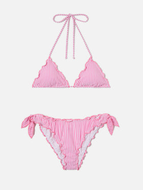 Bikini Sarius triangle in white and pink striped seersucker