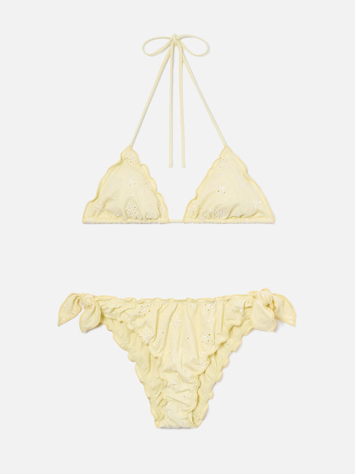 Bikini Sarius a triangolo in tessuto sangallo giallo
