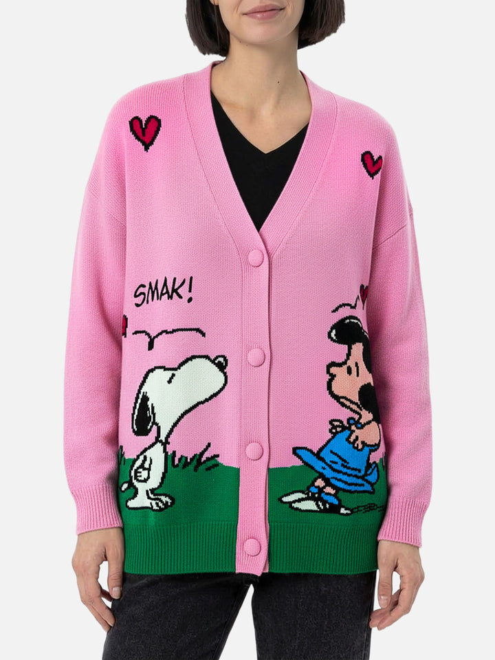 Sasi Strickjacke aus Kaschmir-Mischgewebe in Rosa mit Snoopy-Jacquardmuster | PEANUTS SONDEREDITION