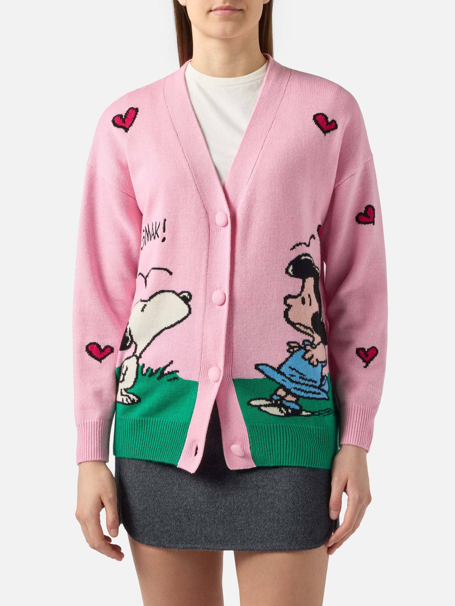 Cardigan Sasi in misto cashmere rosa con jacquard Snoopy | PEANUTS SPECIAL EDITION