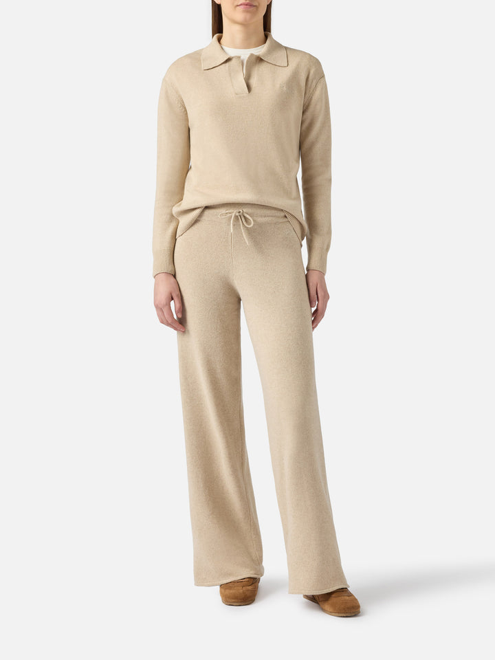 Pantalone a palazzo beige in maglia