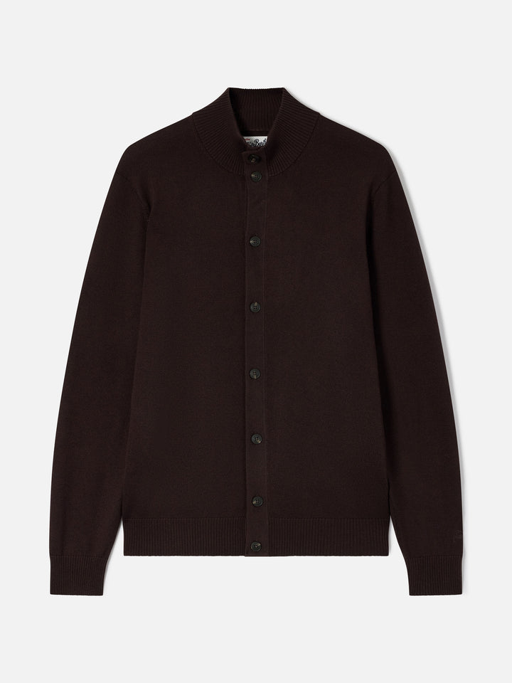 Brown Savile merino wool cardigan with high collar