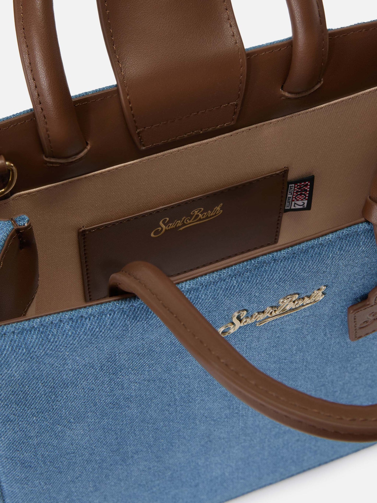 Strukturierte Shop Midi-Tasche aus Denim mit Lederdetails 