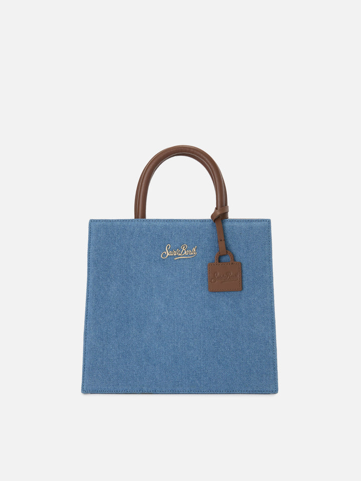 Borsa Shop Midi strutturata in denim con dettagli in pelle
