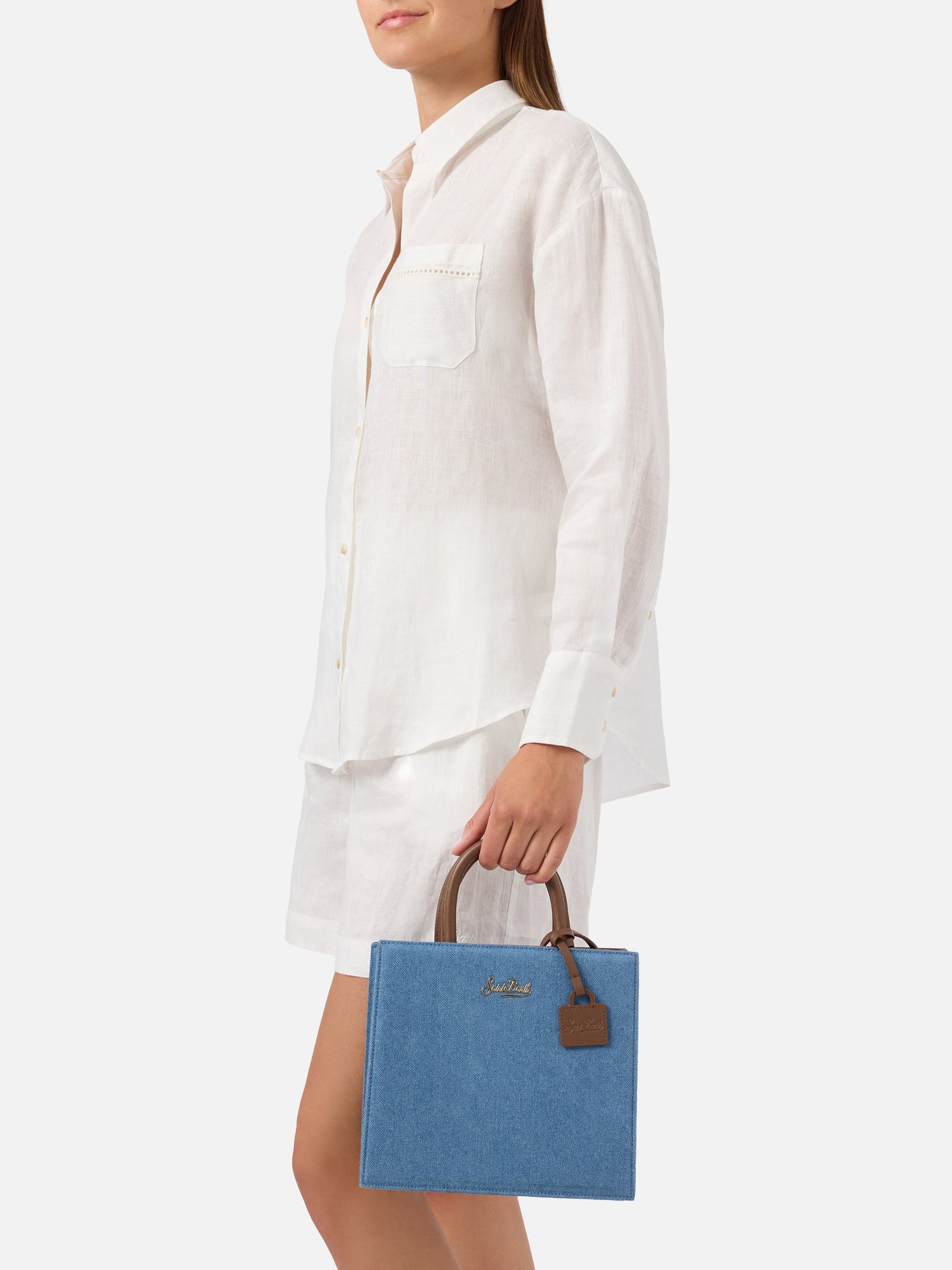 Bolso Structured Shop Midi en denim con detalles de piel 
