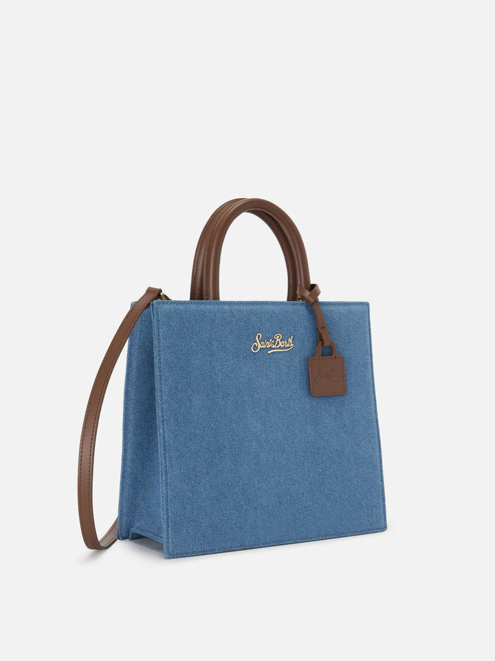Borsa Shop Midi strutturata in denim con dettagli in pelle