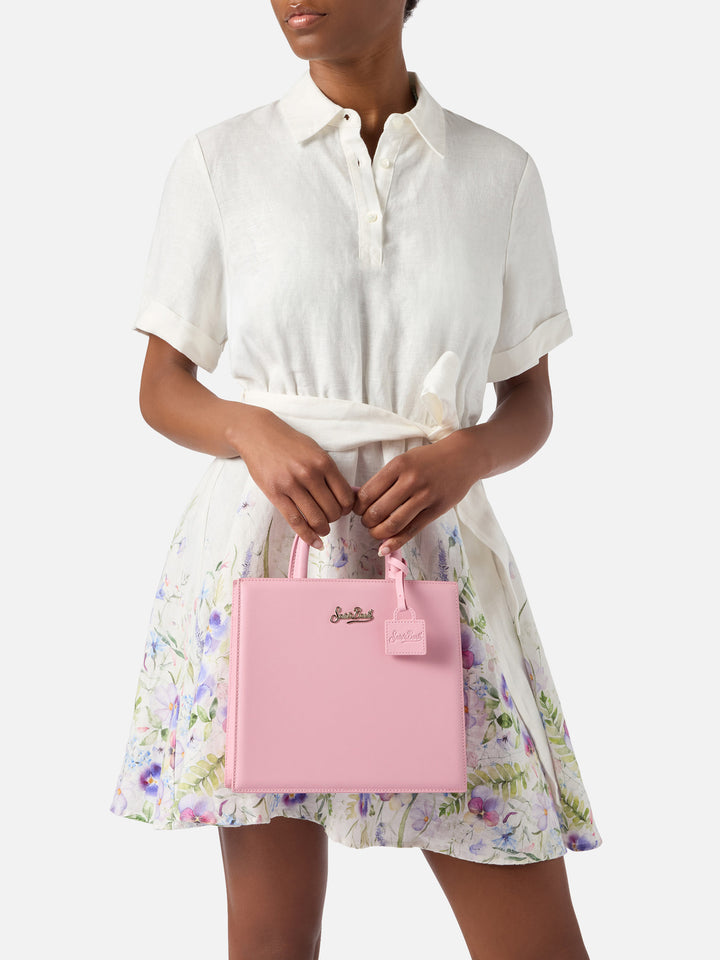 Borsa Shop Midi strutturata in pelle liscia rosa con targhetta metallica