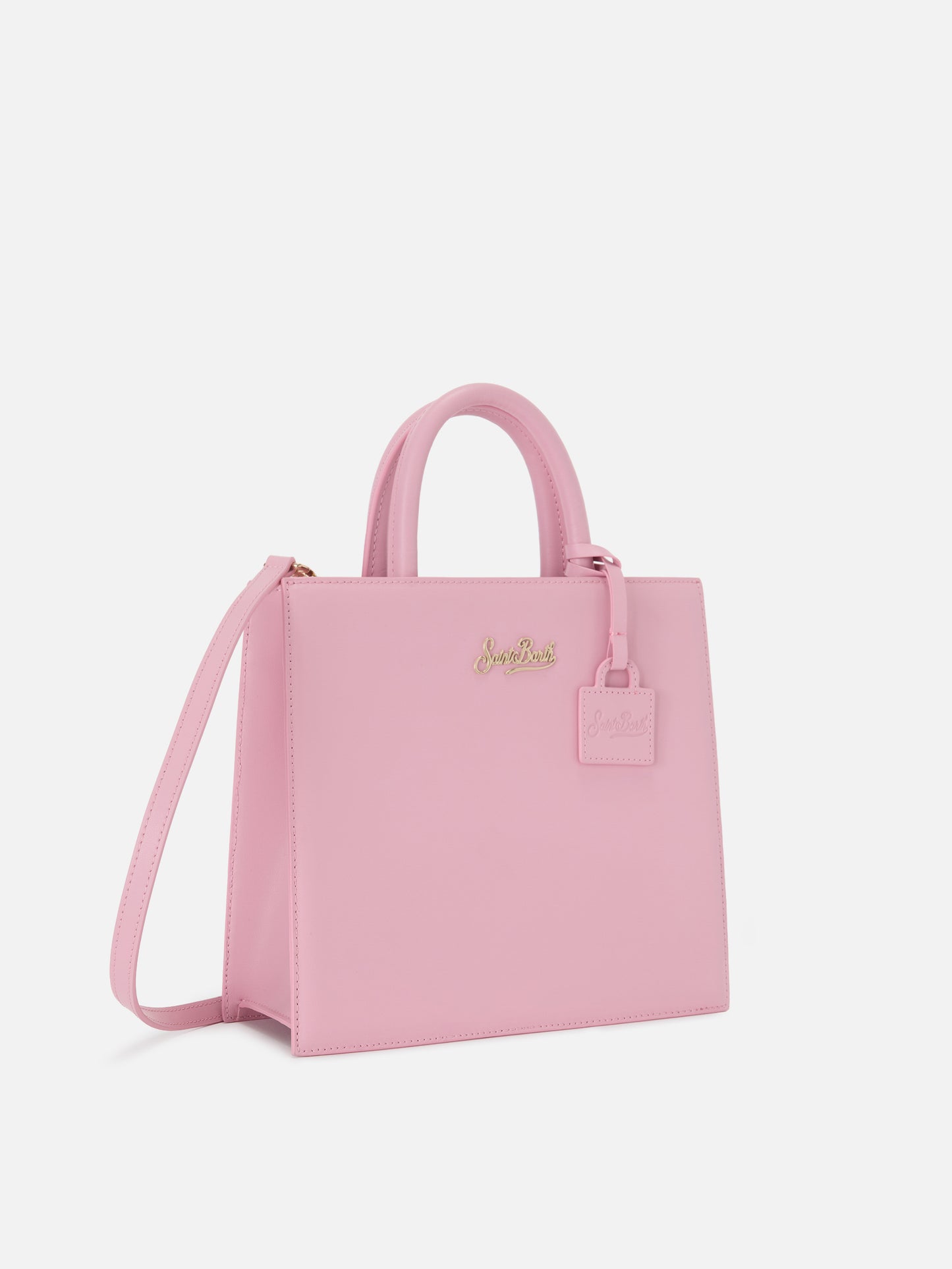 Borsa Shop Midi strutturata in pelle liscia rosa con targhetta metallica