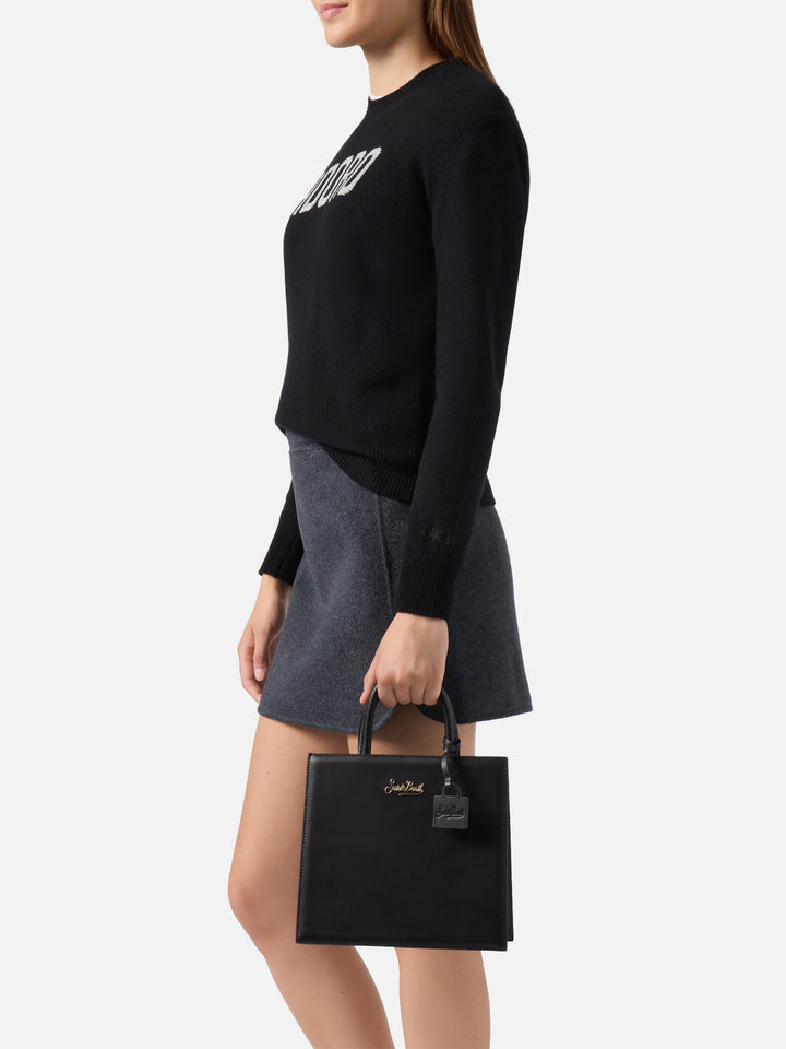 Shop Bag Midi Handtasche aus schwarzem Leder