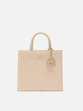Shopping bag mediana Beige en ante con placa del logo de metal 