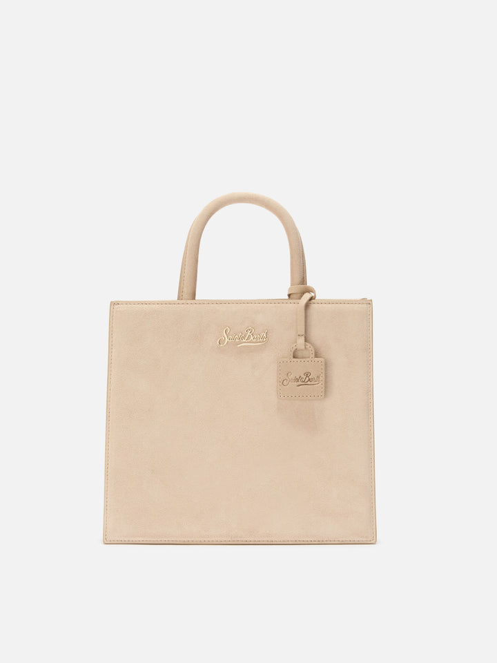 Shopping bag mediana Beige en ante con placa del logo de metal 