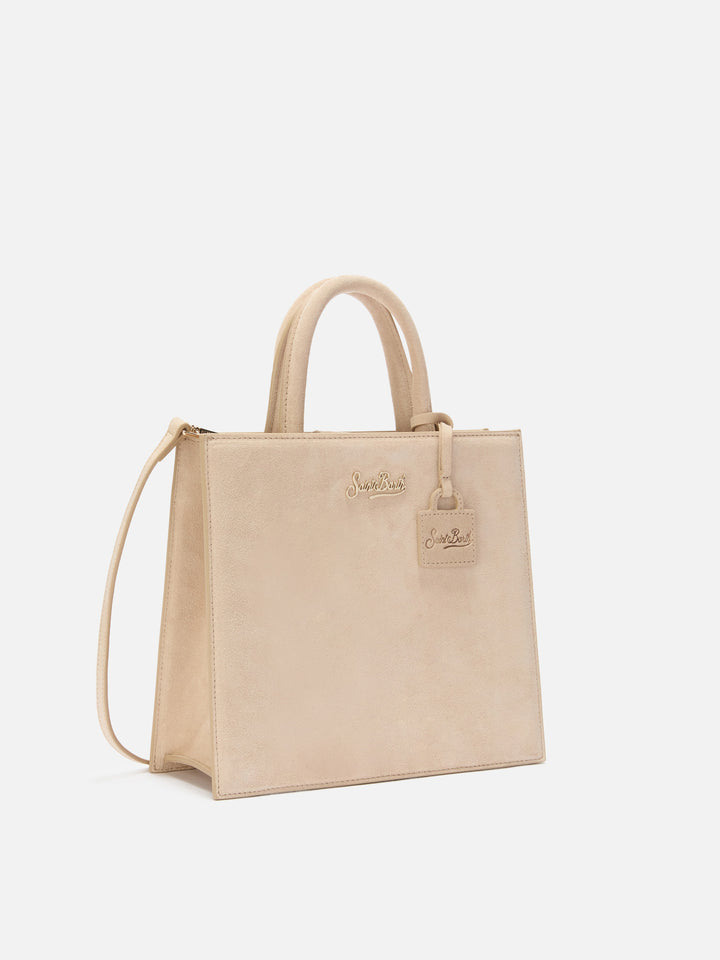Shopping bag mediana Beige en ante con placa del logo de metal 