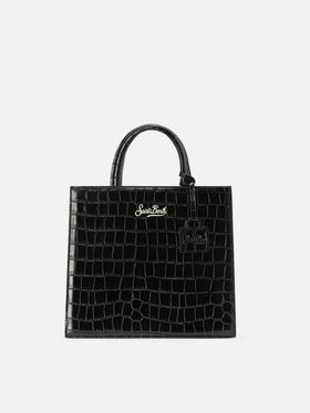 Bolso shopper mediano negro en piel con estampado croco y placa con logo de metal 