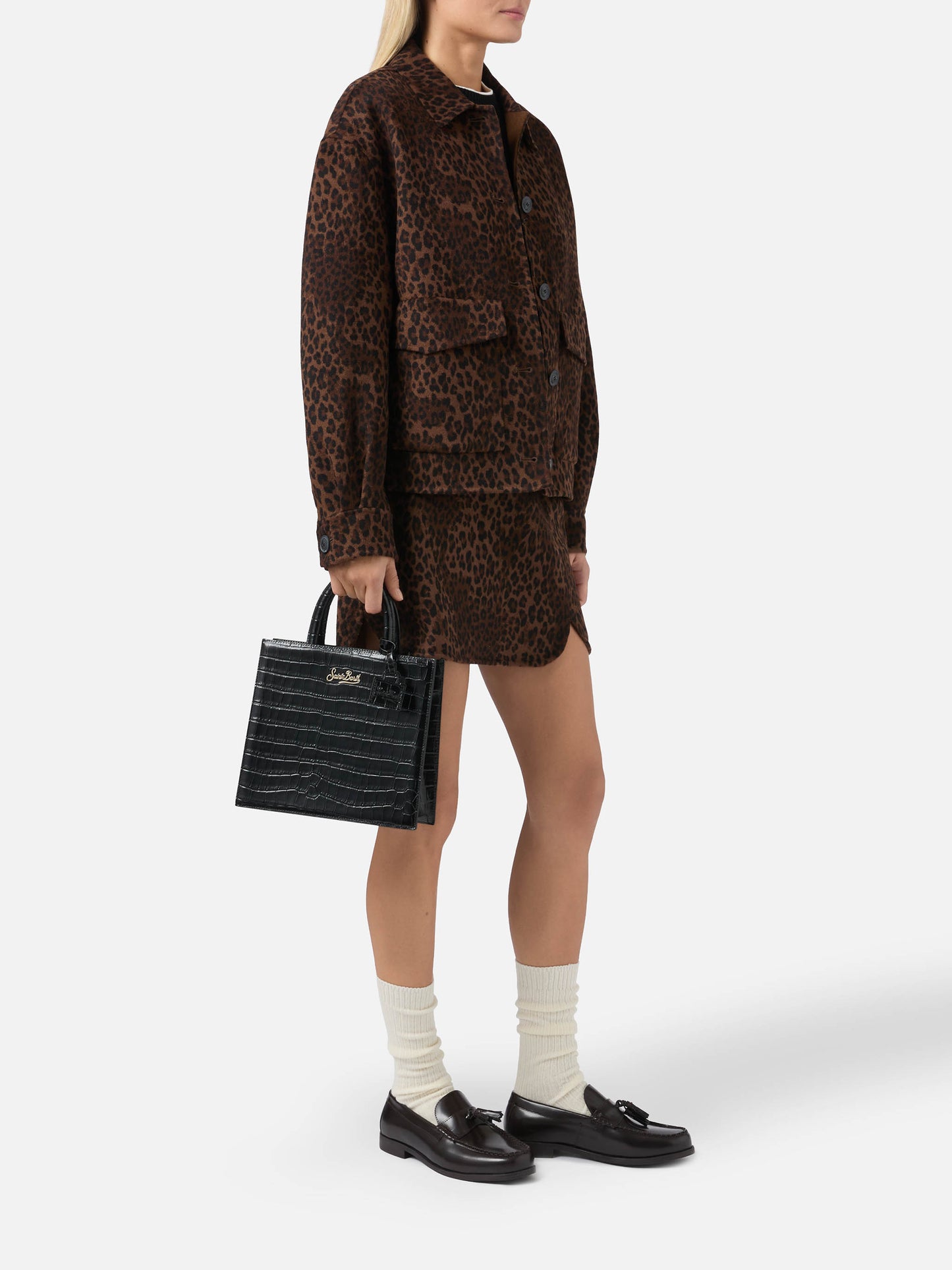 Shop Bag Midi Handbag in black crocodile-print leather