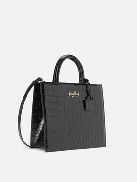 Bolso shopper mediano negro en piel con estampado croco y placa con logo de metal 