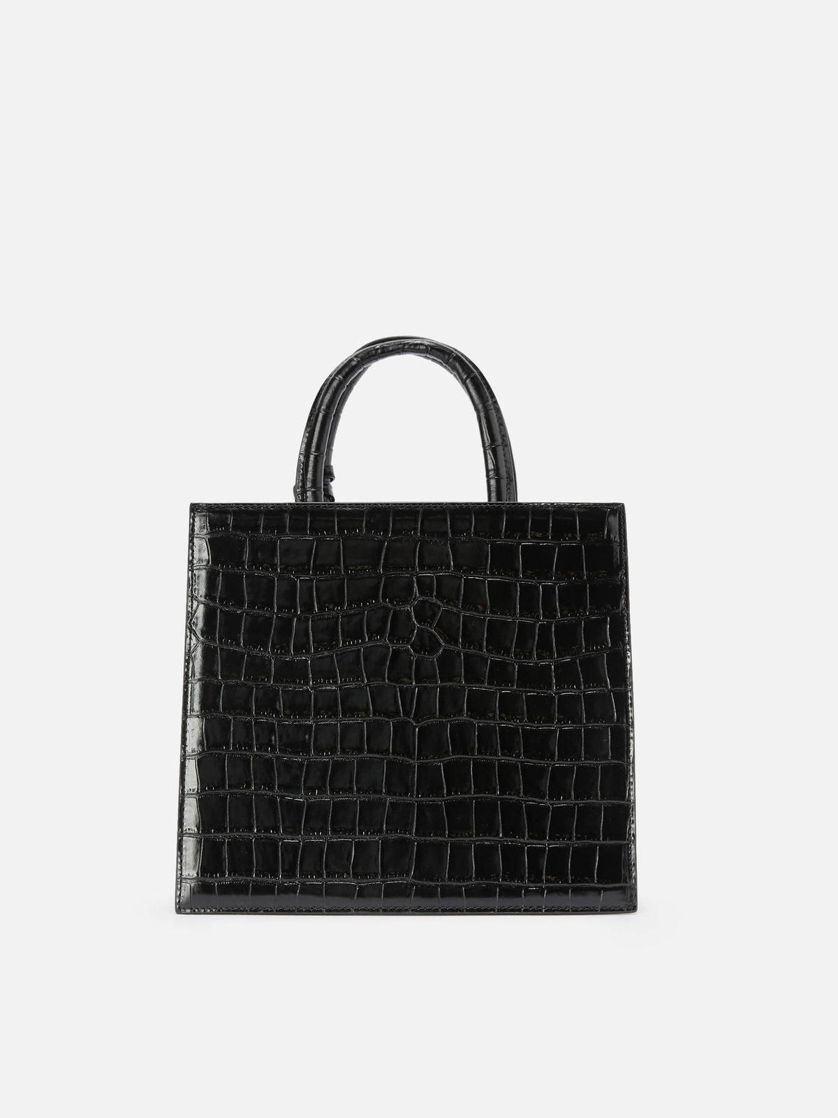 Bolso shopper mediano negro en piel con estampado croco y placa con logo de metal 