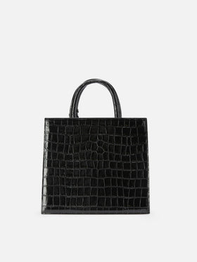 Bolso shopper mediano negro en piel con estampado croco y placa con logo de metal 