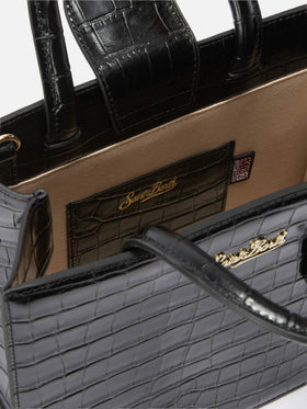 Bolso shopper mediano negro en piel con estampado croco y placa con logo de metal 