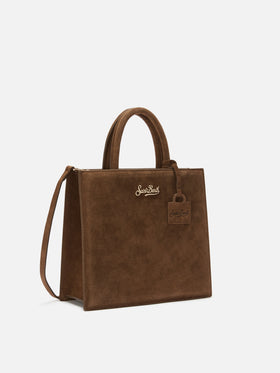 Brown Medium Shop bag in suede with logo lettering