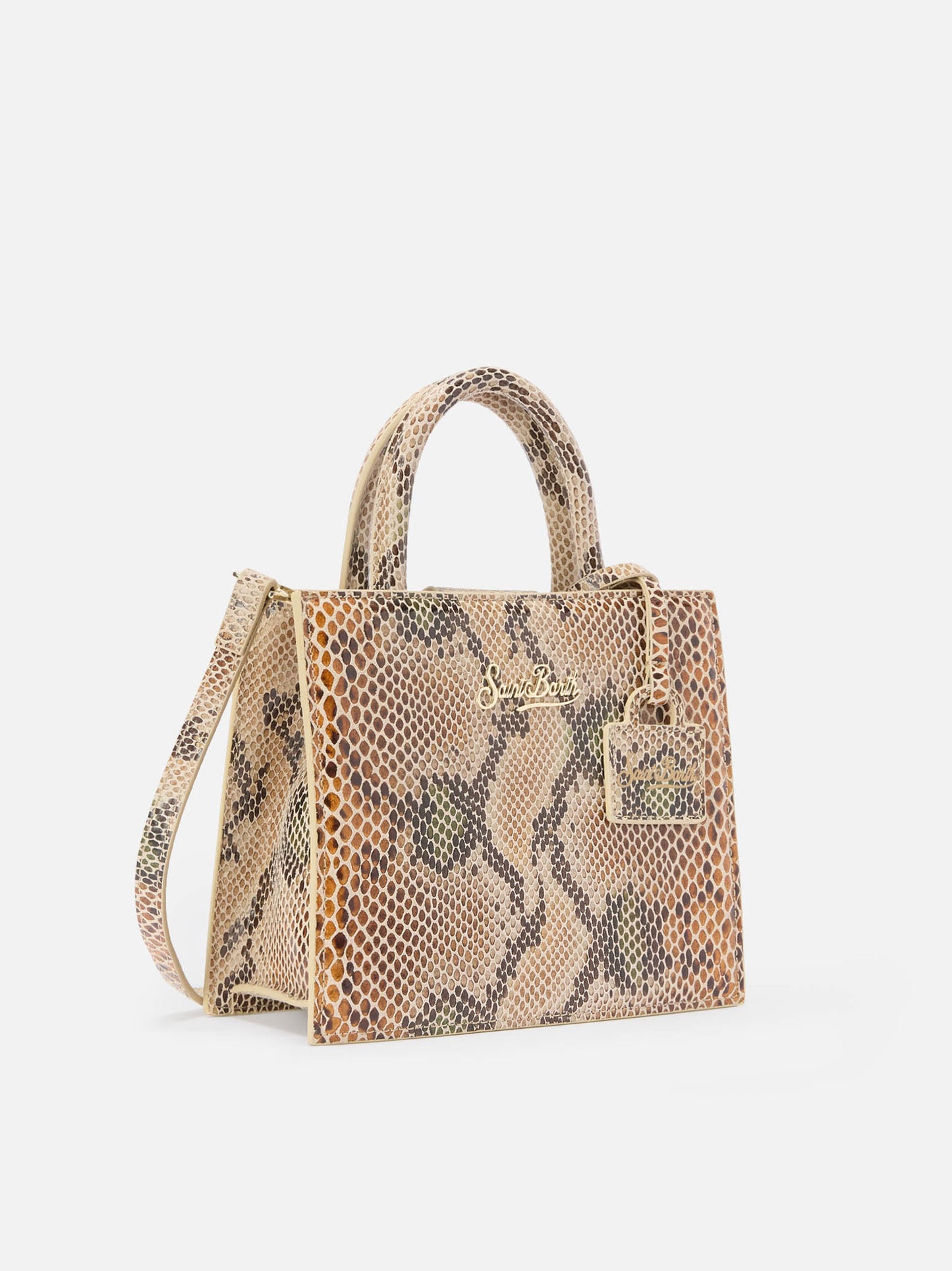 Shop Bag Midi in pelle con stampa pitonata beige