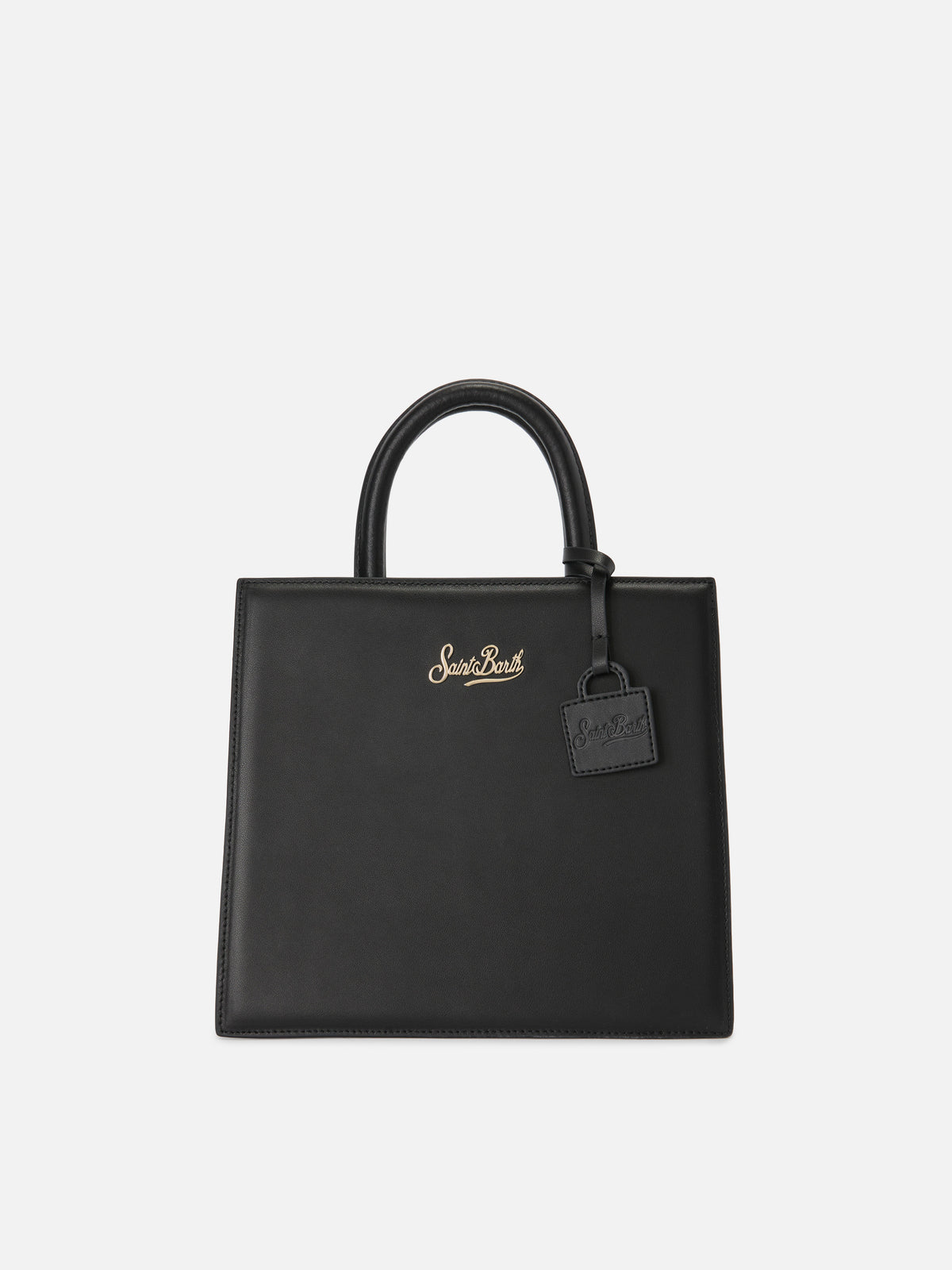 Borsa Shop Midi strutturata in pelle liscia nera con targhetta metallica