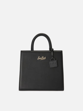 Borsa Shop Midi strutturata in pelle liscia nera con targhetta metallica