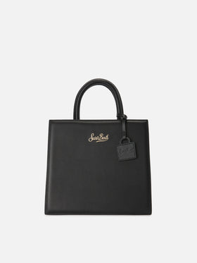 Borsa Shop Midi strutturata in pelle liscia nera con targhetta metallica