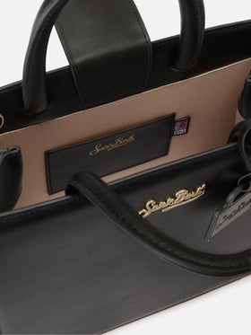 Borsa Shop Midi strutturata in pelle liscia nera con targhetta metallica