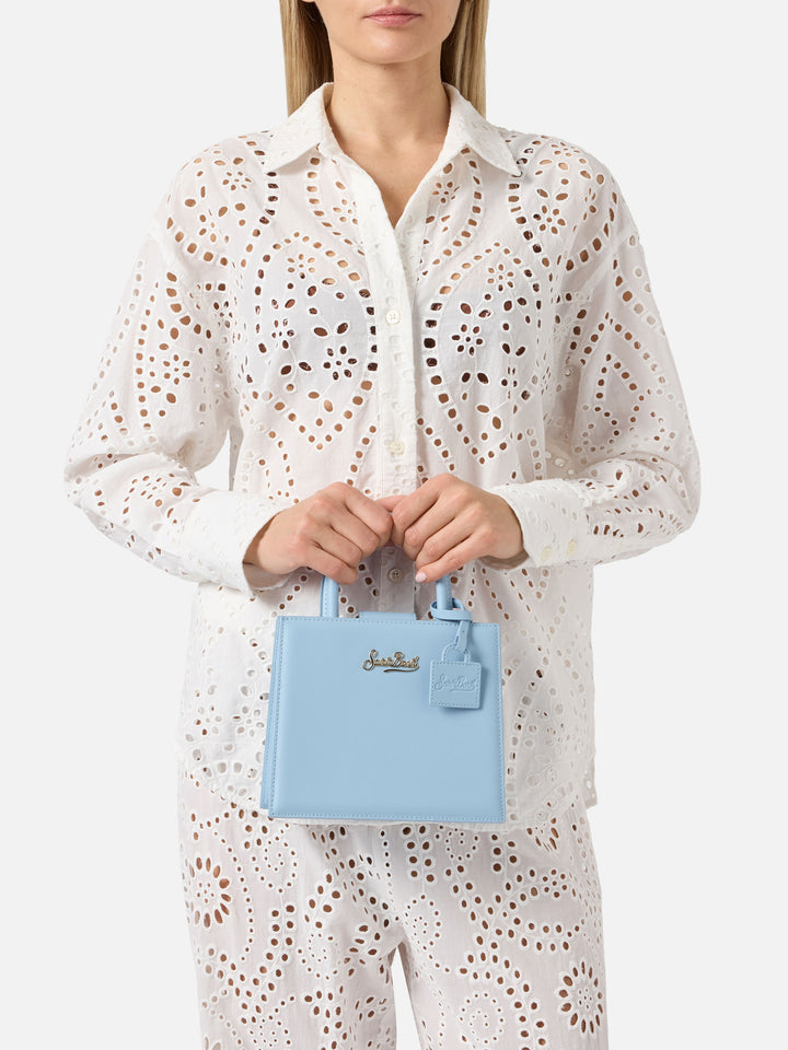 Borsa Shop mini strutturata in pelle liscia azzurra con targhetta metallica