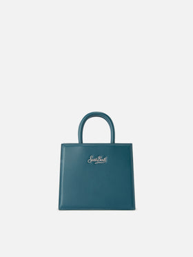 Borsa Shop mini strutturata in pelle liscia ottanio con targhetta metallica