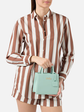 Borsa Shop mini strutturata in pelle liscia verde menta con targhetta metallica