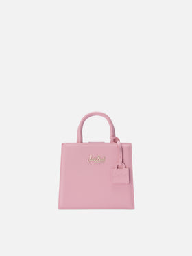 Borsa Shop mini strutturata in pelle liscia rosa con targhetta metallica