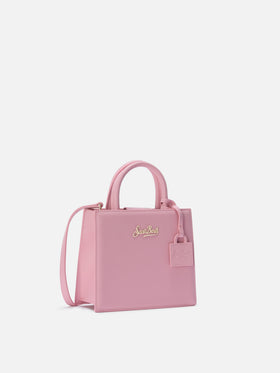 Borsa Shop mini strutturata in pelle liscia rosa con targhetta metallica