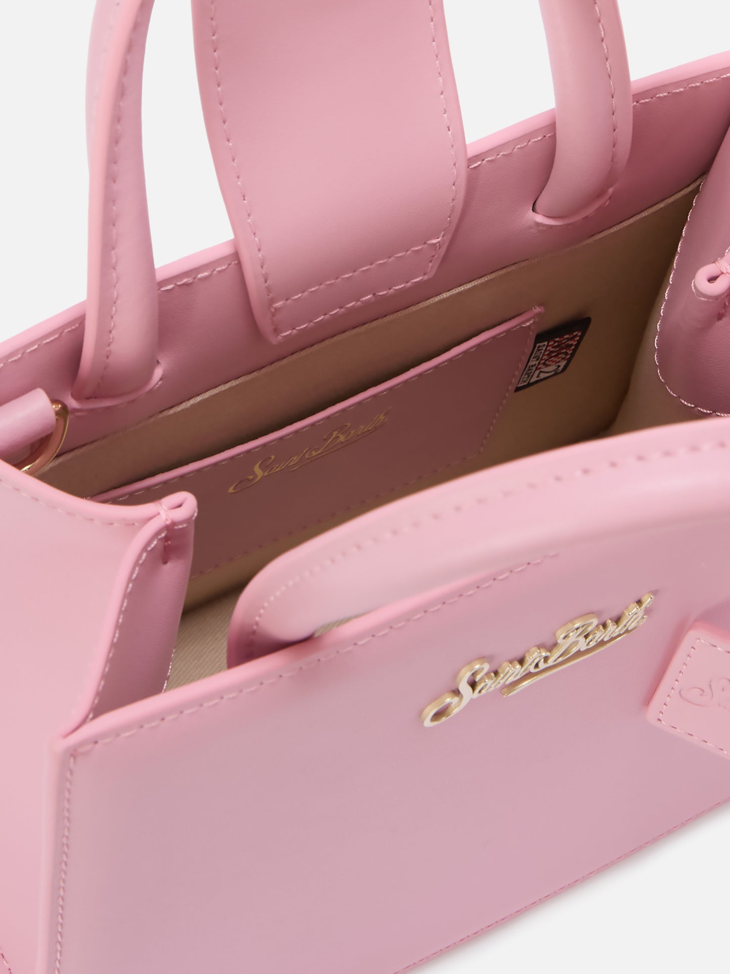 Borsa Shop mini strutturata in pelle liscia rosa con targhetta metallica