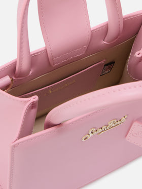 Borsa Shop mini strutturata in pelle liscia rosa con targhetta metallica