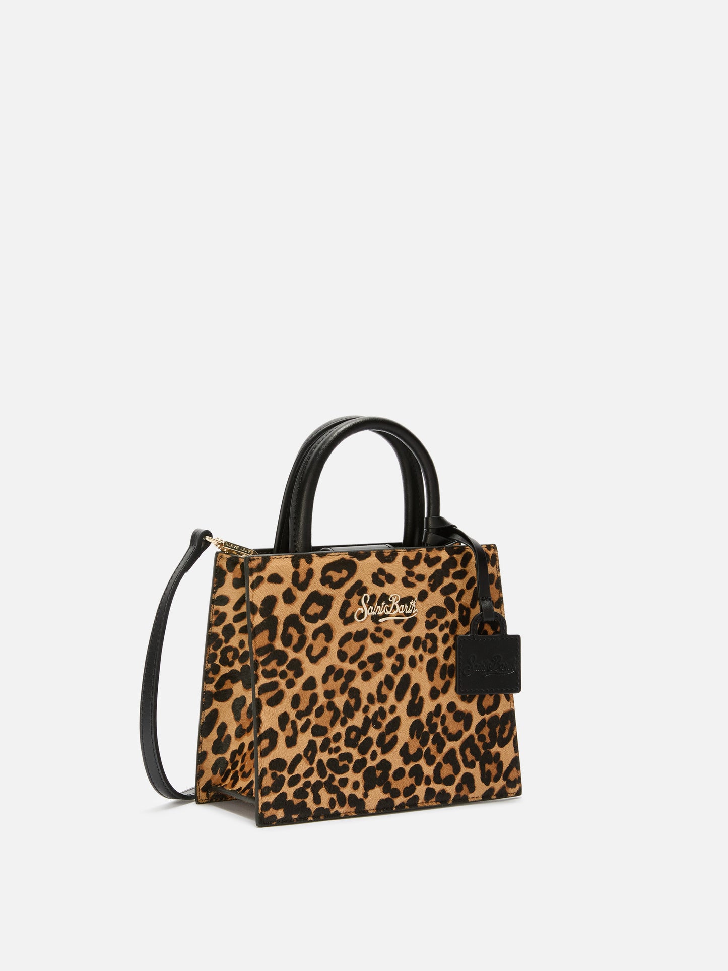 Borsa Shop Mini strutturata in cavallino leopardato con targhetta metallica