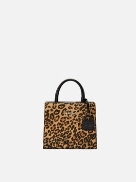 Borsa Shop Mini strutturata in cavallino leopardato con targhetta metallica