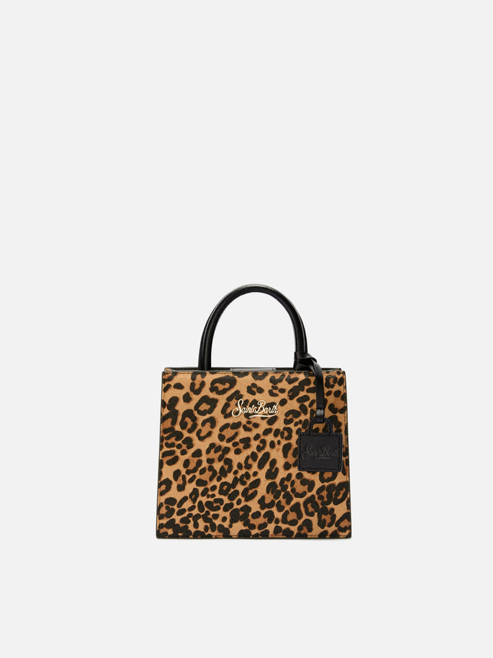 Borsa Shop Mini strutturata in cavallino leopardato con targhetta metallica