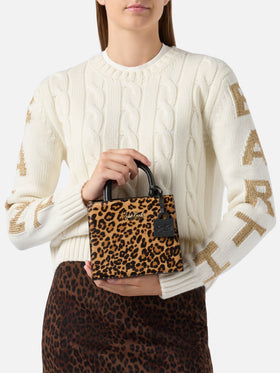 Borsa Shop Mini strutturata in cavallino leopardato con targhetta metallica