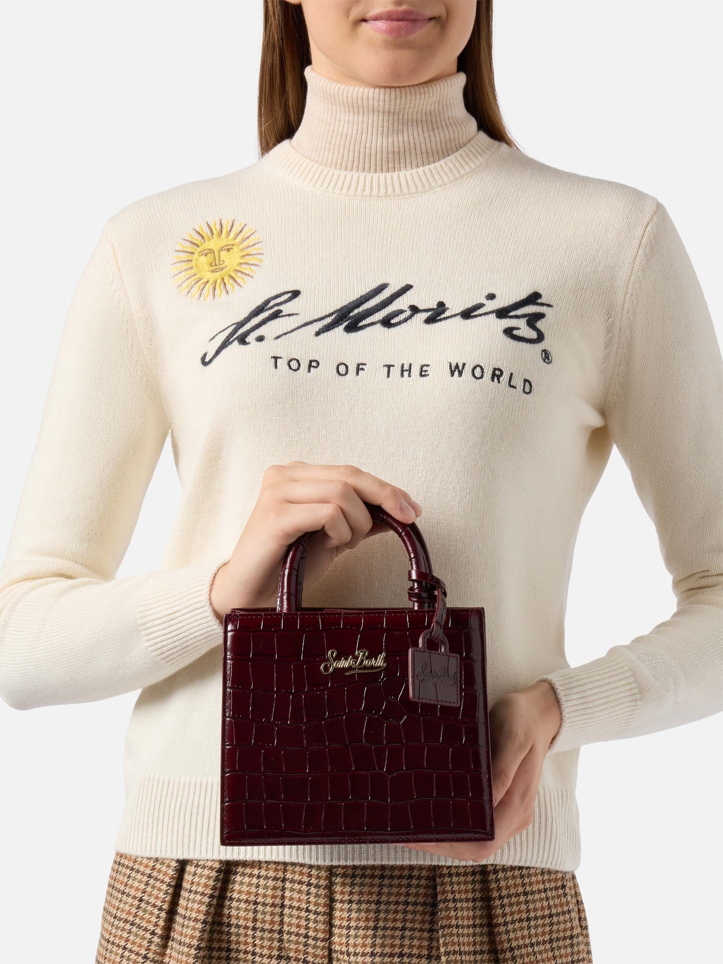 Shop Bag Mini Handtasche aus burgunderrotem Leder mit Krokodilprägung