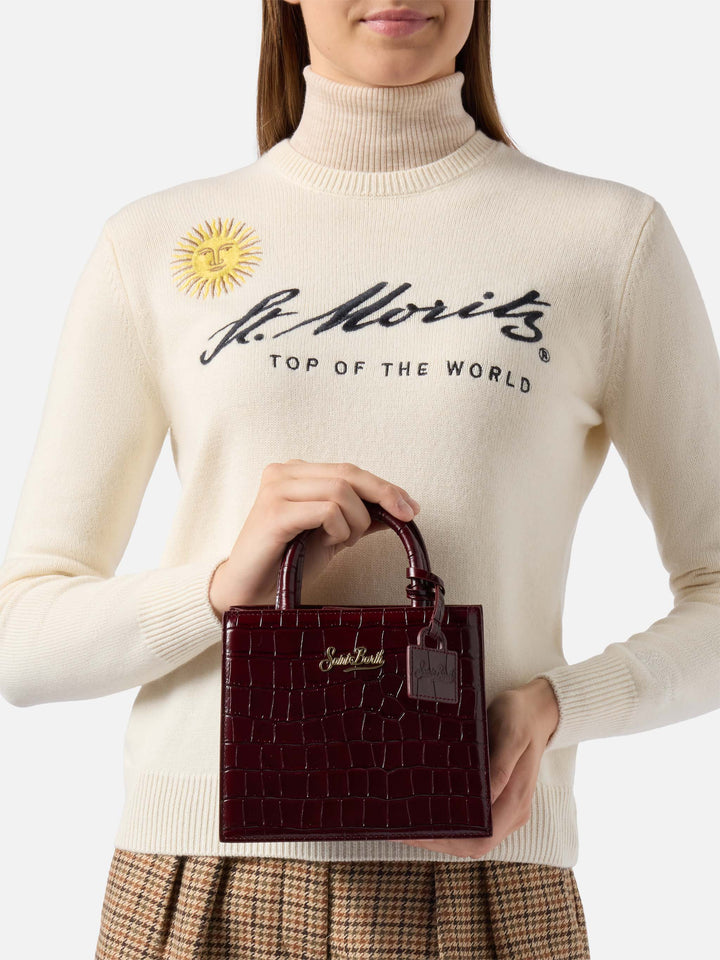 Mini sac shopping Bordeaux en cuir imprimé croco 